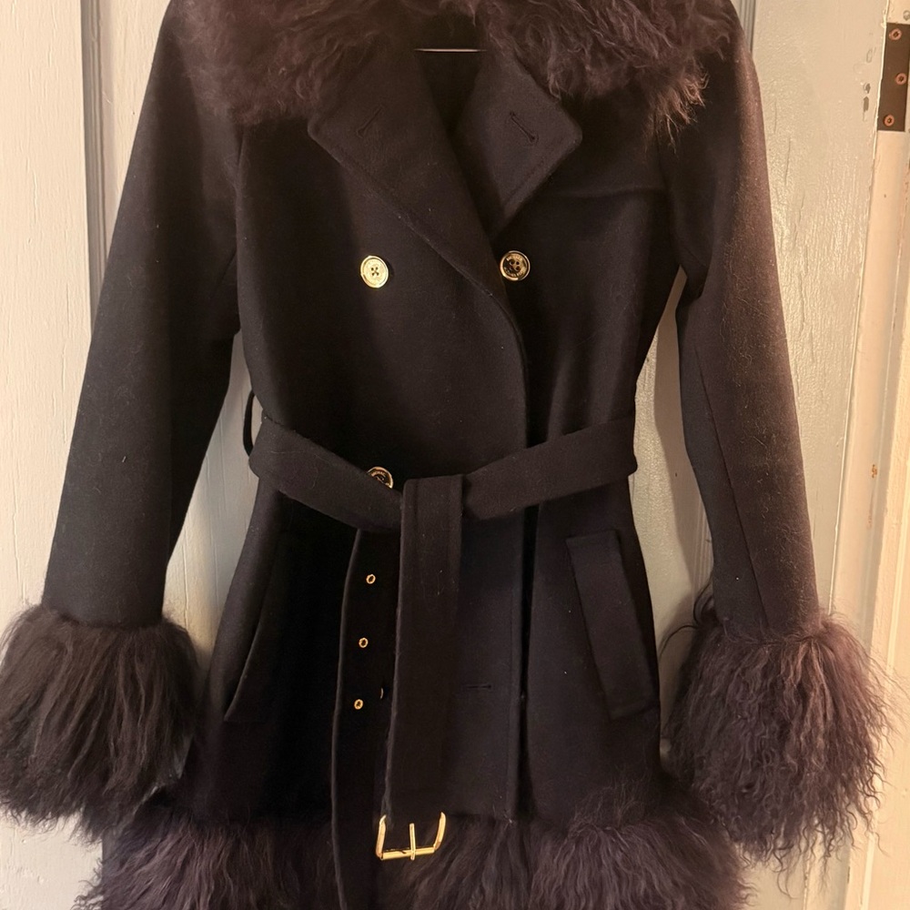 Michael Kors Navy Blue Pea Coat with Fur Trim and Gold Accents